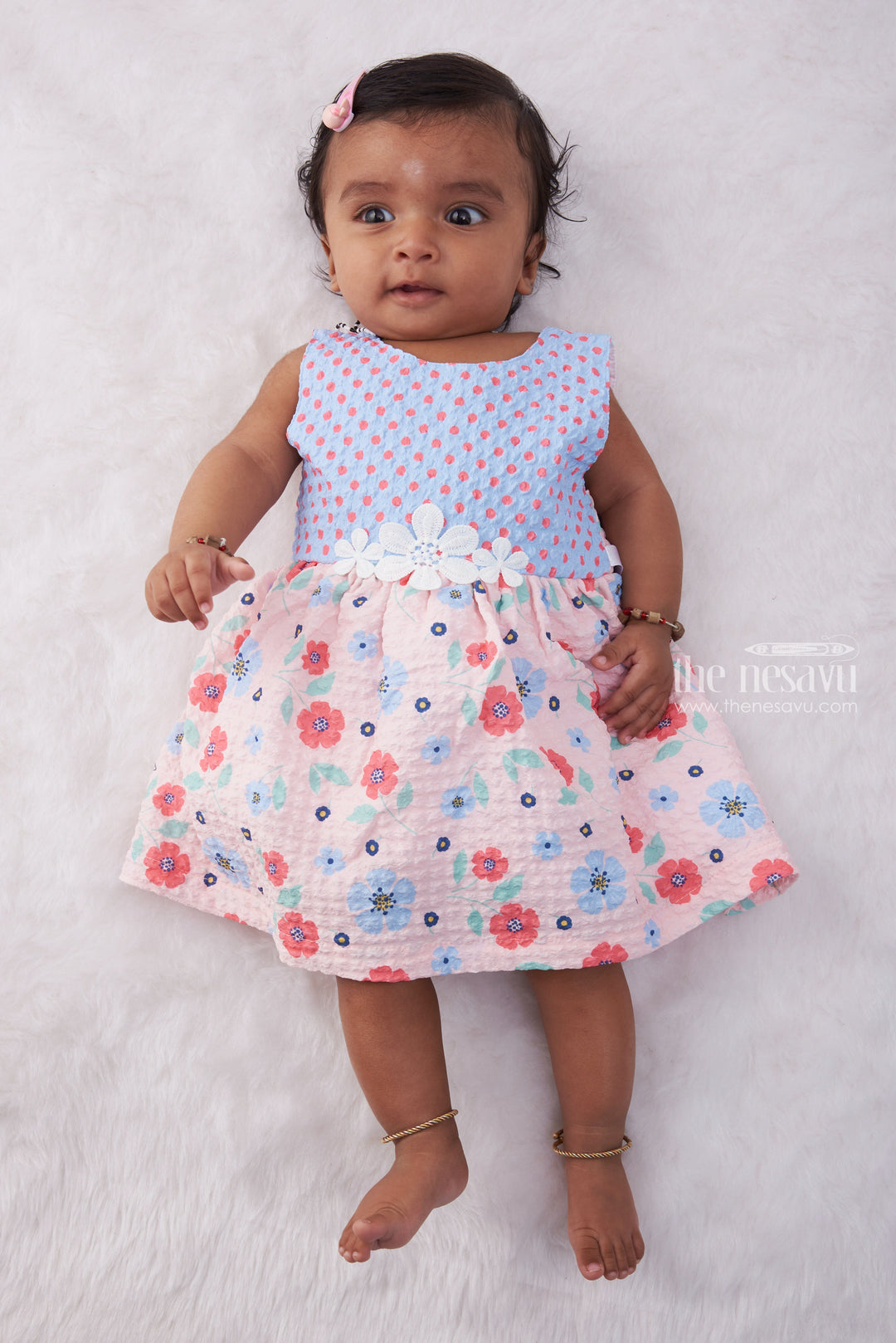 The Nesavu Baby Fancy Frock Salmon-Pink Chikan Dress: Floral & Blue Dot Yoke Nesavu 14 (6M) / Salmon BFJ438A-14 Floral Printed Pink Frock For Kids | Daily Wear Frock For Babys | The Nesavu