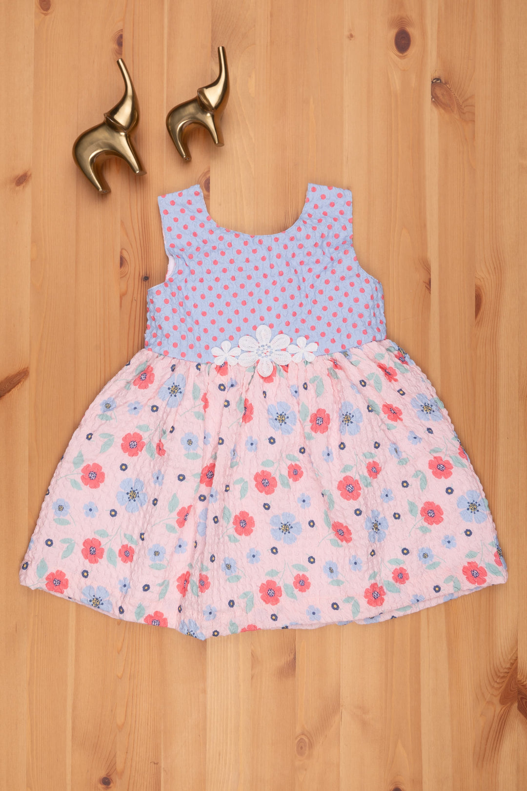 The Nesavu Baby Frock / Jhabla Salmon-Pink Chikan Dress: Floral & Blue Dot Yoke Nesavu 14 (6M) / Salmon BFJ438A-14 Floral Printed Pink Frock For Kids | Daily Wear Frock For Babys | The Nesavu