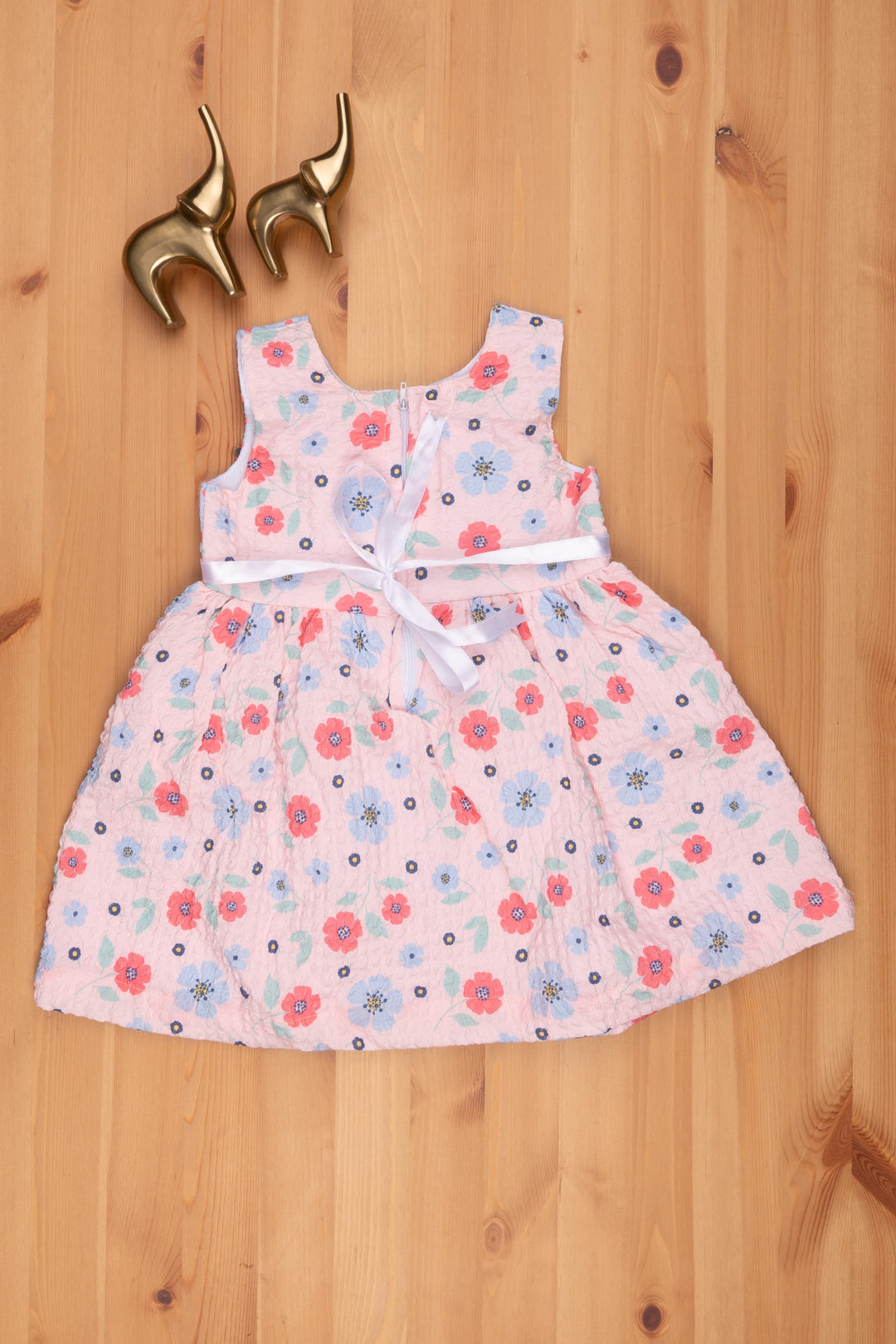 The Nesavu Baby Frock / Jhabla Salmon-Pink Chikan Dress: Floral & Blue Dot Yoke Nesavu Floral Printed Pink Frock For Kids | Daily Wear Frock For Babys | The Nesavu