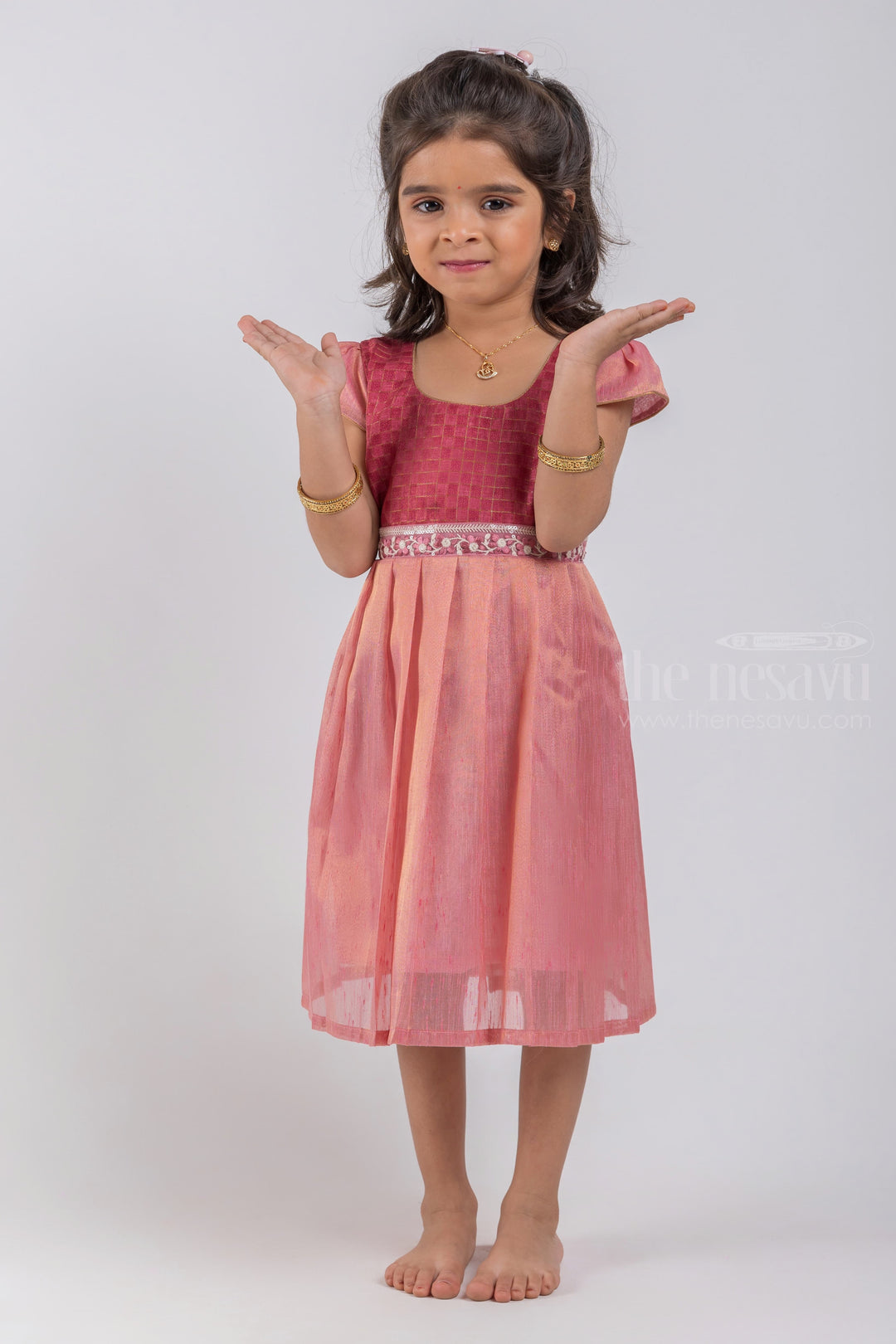 The Nesavu Silk Frock Salmon Pink Knife Pleated Silk Frock with Checkered Pattern Brown Yoke For Kids Girls psr silks Nesavu 16 (1Y) / Pink / Semi Silk SF606