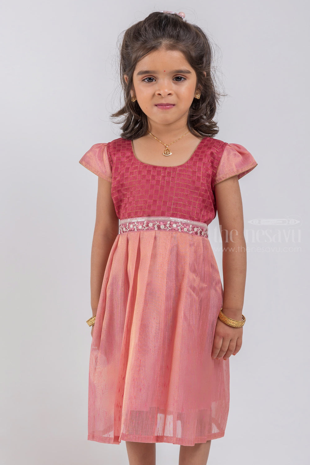 The Nesavu Silk Frock Salmon Pink Knife Pleated Silk Frock with Checkered Pattern Brown Yoke For Kids Girls psr silks Nesavu