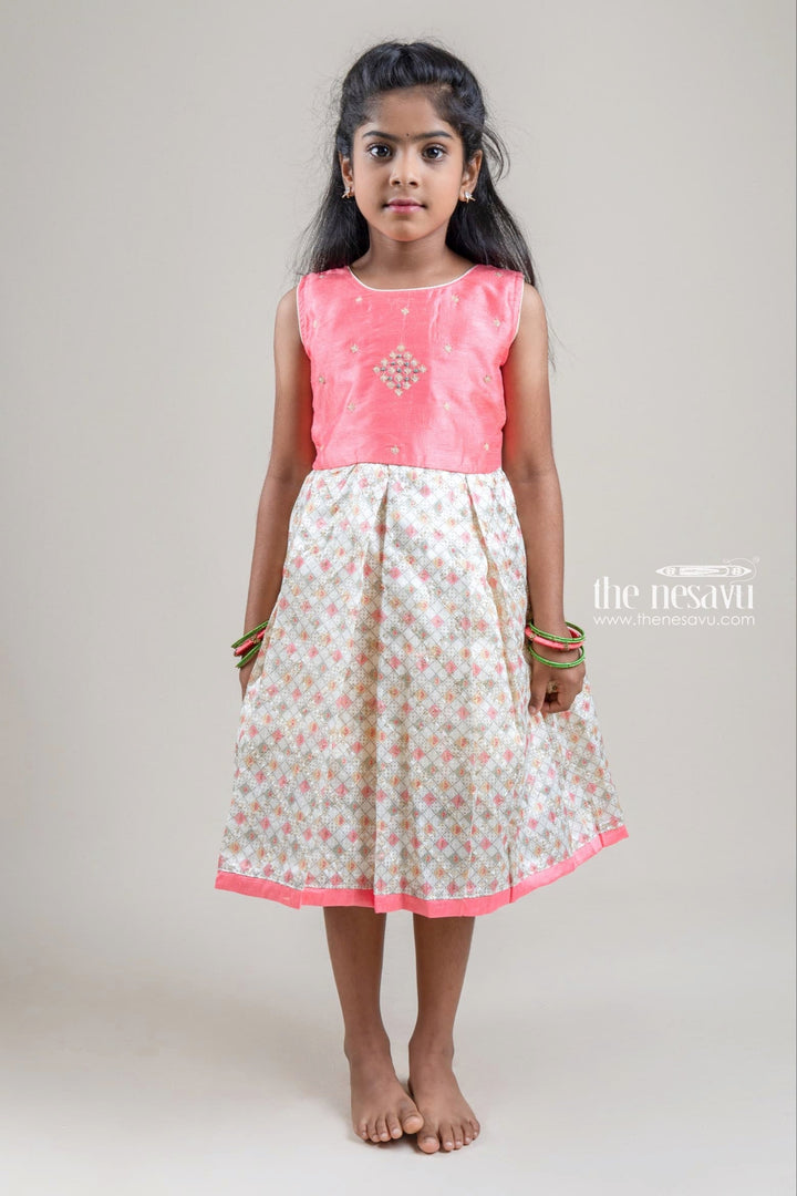 The Nesavu Silk Party Frock Salmon Pink Rhinestones Embroidered Sleeveless Yoke and Geometrical Printed Silk Gown for Girls Nesavu 14 (6M) / Salmon / Printed Silk SF582-14 Pink Silk Frock For Girls | Printed Silk Gown | The Nesavu