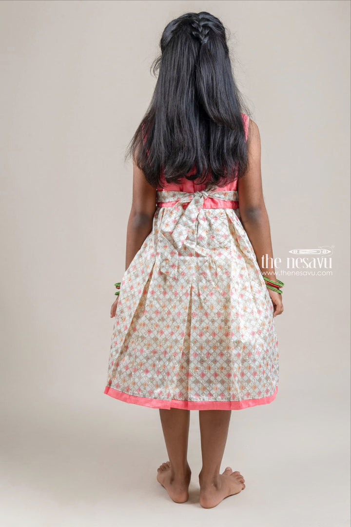 The Nesavu Silk Party Frock Salmon Pink Rhinestones Embroidered Sleeveless Yoke and Geometrical Printed Silk Gown for Girls Nesavu Pink Silk Frock For Girls | Printed Silk Gown | The Nesavu