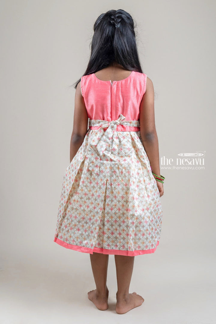 The Nesavu Silk Party Frock Salmon Pink Rhinestones Embroidered Sleeveless Yoke and Geometrical Printed Silk Gown for Girls Nesavu Pink Silk Frock For Girls | Printed Silk Gown | The Nesavu