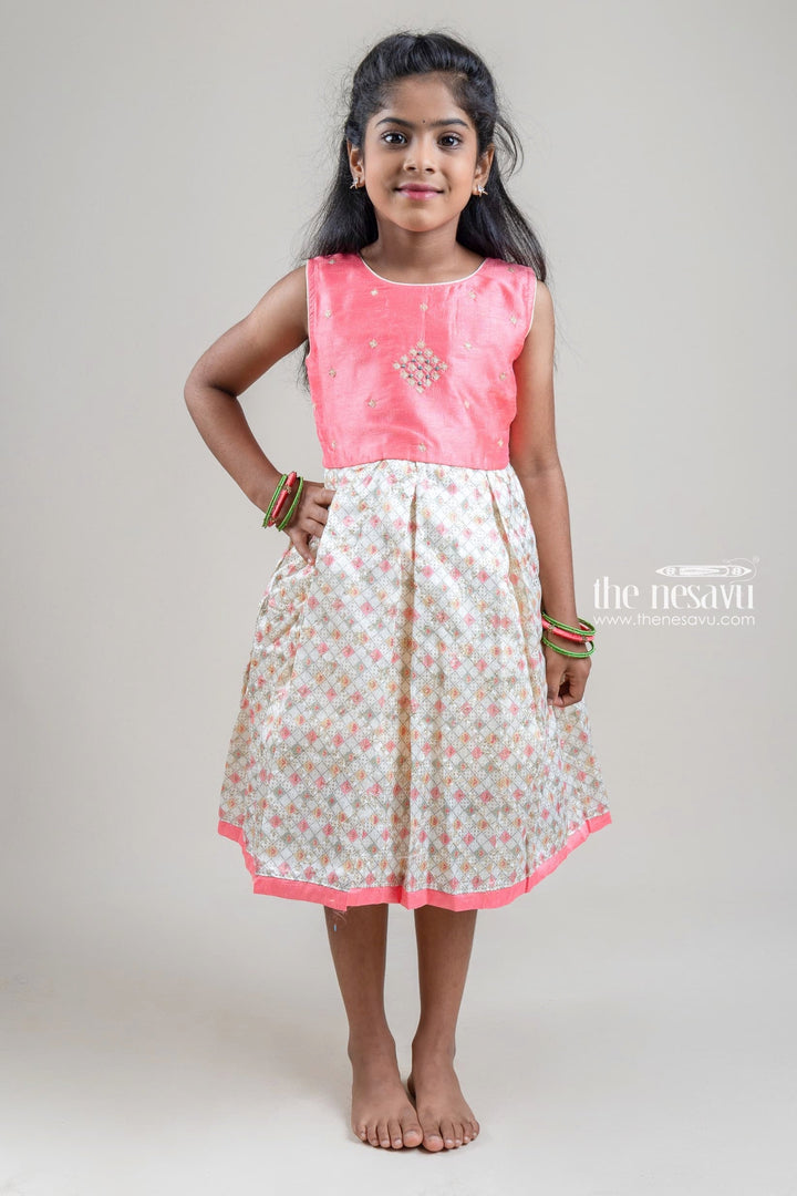 The Nesavu Silk Party Frock Salmon Pink Rhinestones Embroidered Sleeveless Yoke and Geometrical Printed Silk Gown for Girls Nesavu Pink Silk Frock For Girls | Printed Silk Gown | The Nesavu