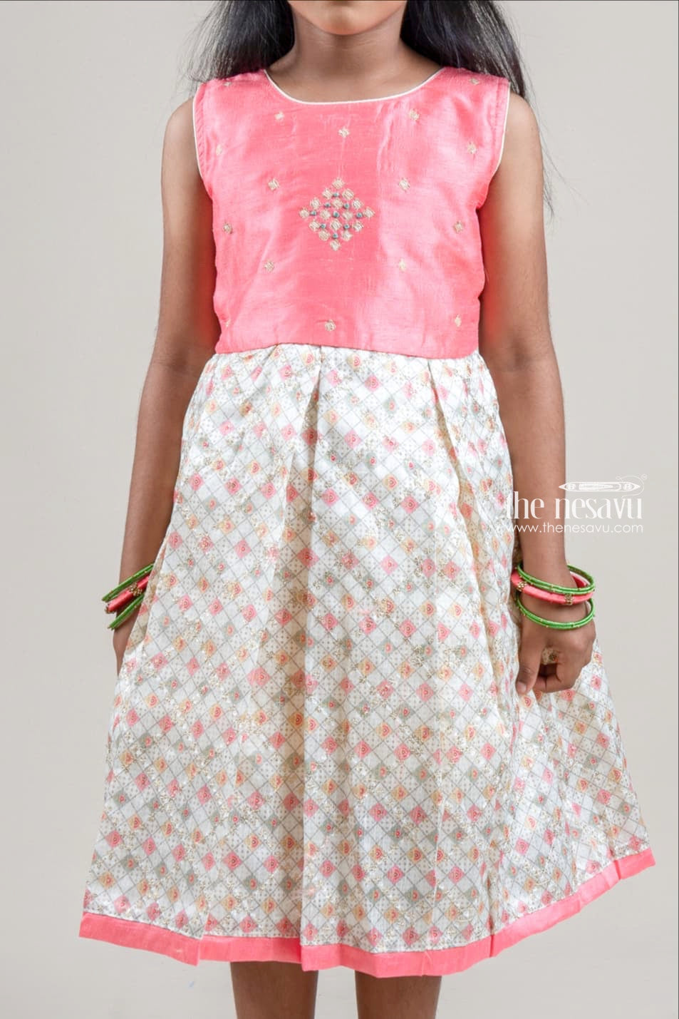 The Nesavu Silk Party Frock Salmon Pink Rhinestones Embroidered Sleeveless Yoke and Geometrical Printed Silk Gown for Girls Nesavu Pink Silk Frock For Girls | Printed Silk Gown | The Nesavu