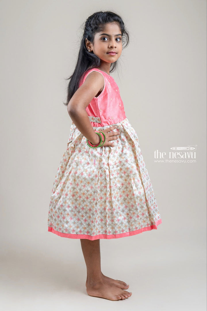 The Nesavu Silk Party Frock Salmon Pink Rhinestones Embroidered Sleeveless Yoke and Geometrical Printed Silk Gown for Girls Nesavu Pink Silk Frock For Girls | Printed Silk Gown | The Nesavu