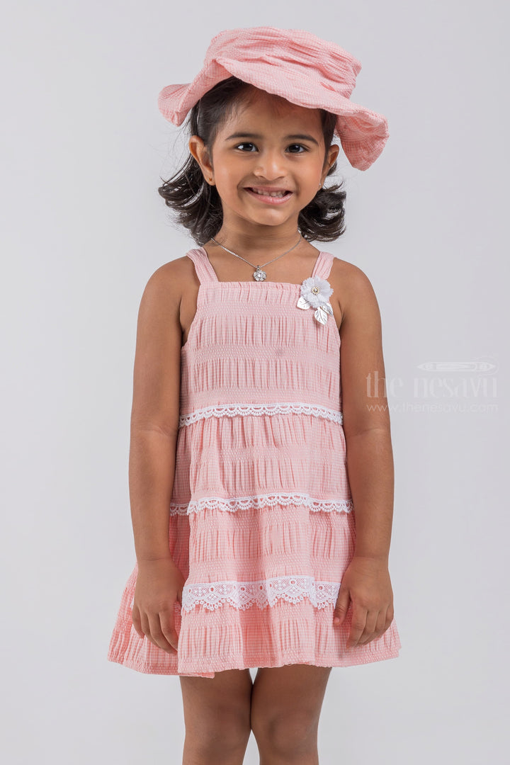 The Nesavu Baby Cotton Frocks Salmon Pink Sleeveless Layered Cotton Frock with Embellished Lace and Flower Applique for Baby Girls and Cap psr silks Nesavu