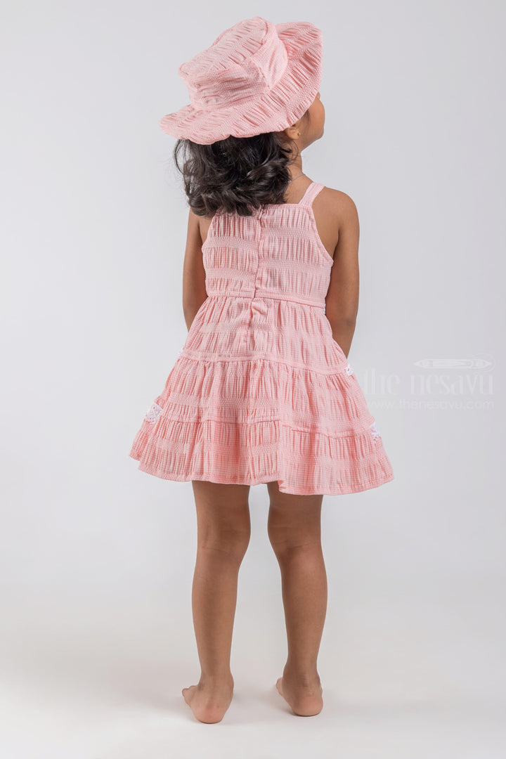 The Nesavu Baby Cotton Frocks Salmon Pink Sleeveless Layered Cotton Frock with Embellished Lace and Flower Applique for Baby Girls and Cap psr silks Nesavu