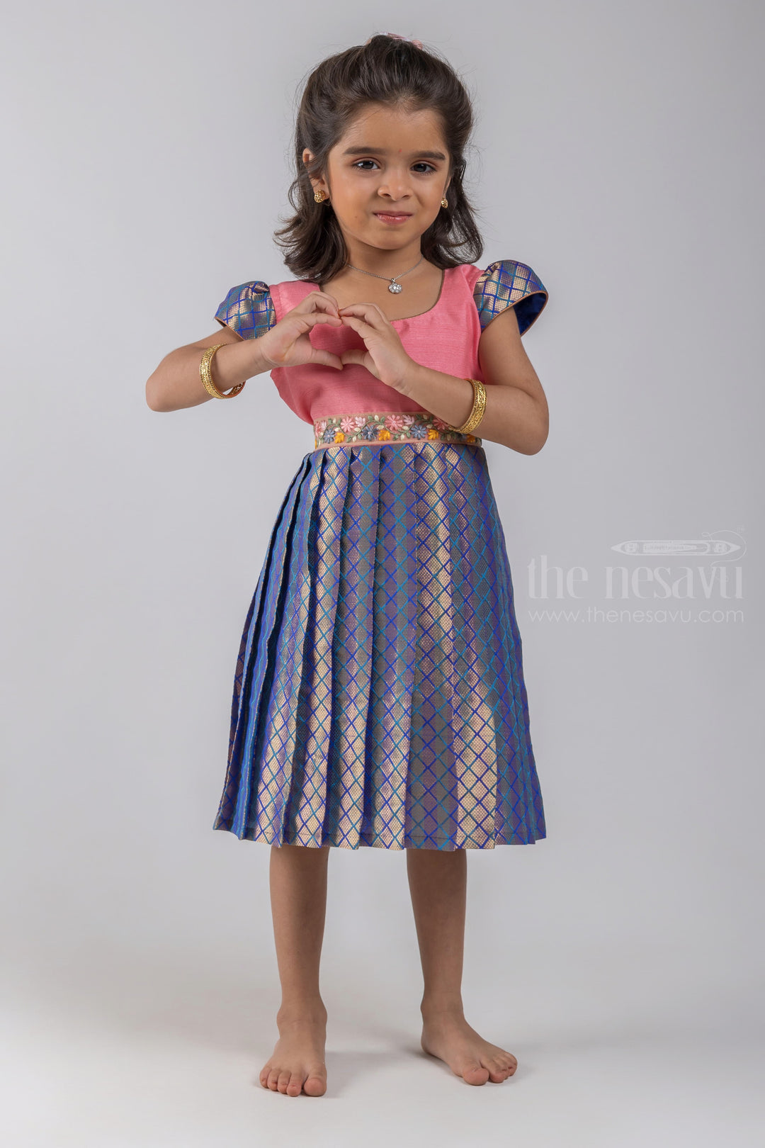 The Nesavu Silk Embroidered Frock Salmon Pink Yoke and Knife Pleated Zari with Geometrical Designer Blue Silk Frock for Girls Nesavu Salmon Pink and Blue Silk Frock for Girls | Geometrical Designer Blue Silk | The Nesavu
