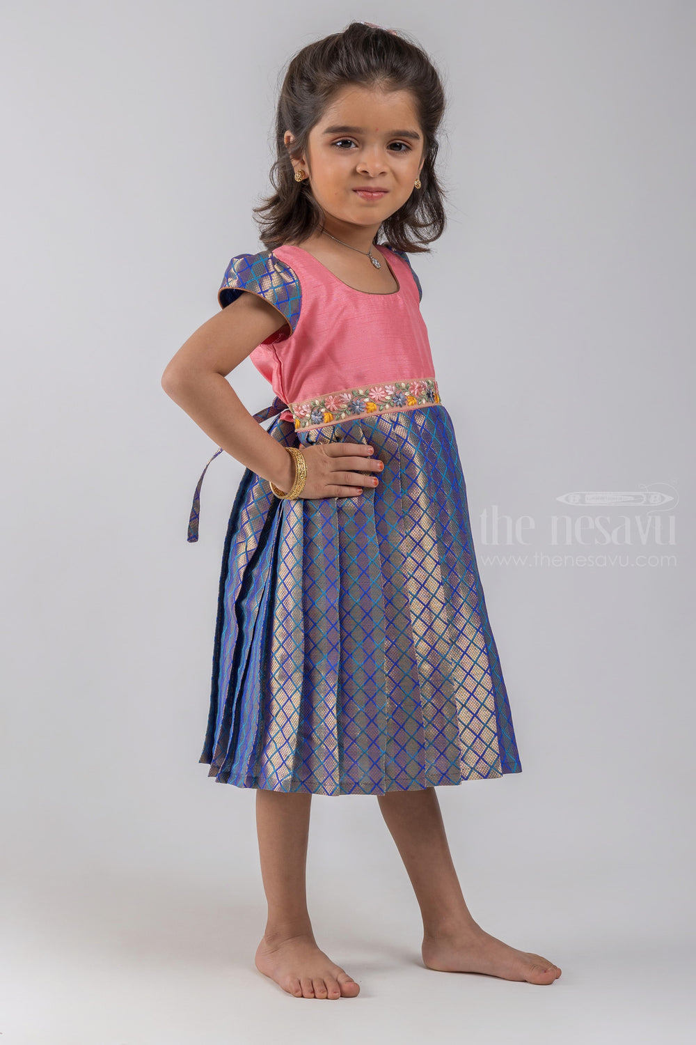 The Nesavu Silk Embroidered Frock Salmon Pink Yoke and Knife Pleated Zari with Geometrical Designer Blue Silk Frock for Girls Nesavu Salmon Pink and Blue Silk Frock for Girls | Geometrical Designer Blue Silk | The Nesavu