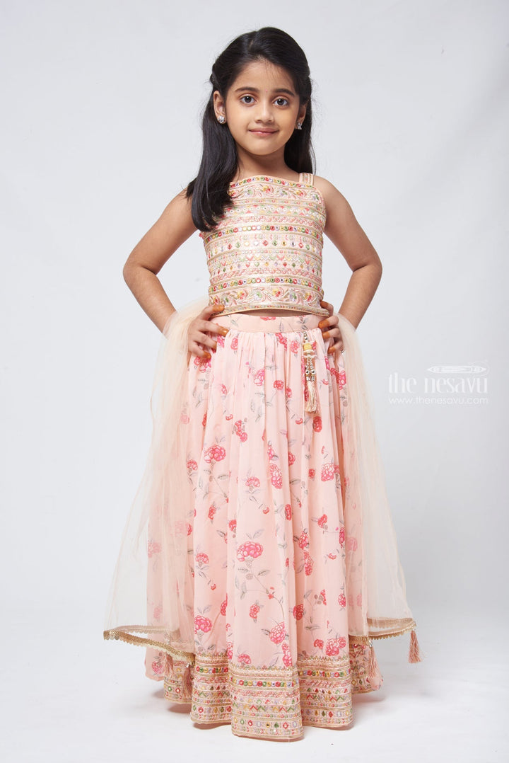 The Nesavu Lehenga & Ghagra Salmon Shimmer: Mirror-Floral Lehenga Top & Embroidered Skirt for Girls Nesavu 16 (1Y) / Salmon GL355A-16 Mirror embroidered Design | Latest Lehenga Choli for Girls | The Nesavu