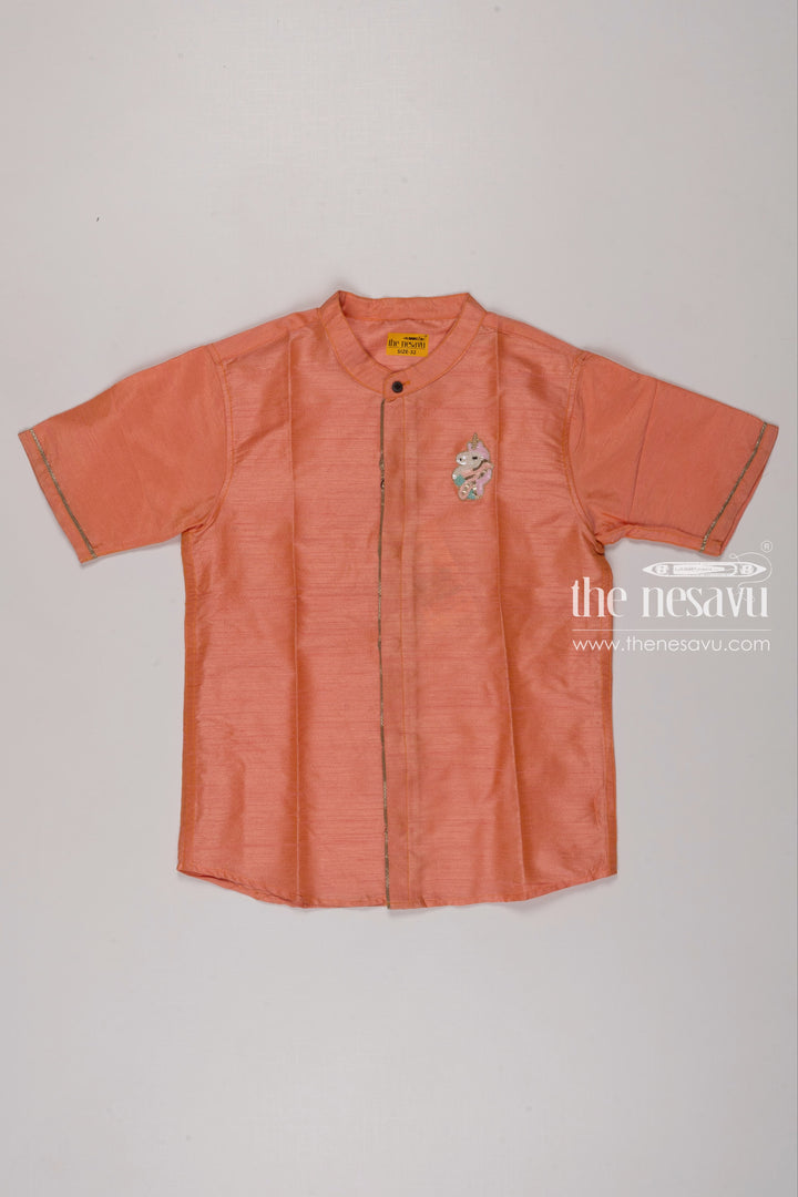 The Nesavu Boys Silk Shirt Salmon Silk Kids Boys Shirt with Elegant Horse Motif Nesavu 16 (1Y) / Salmon / Blend Silk BS109A-16 Boys Silk Shirt | Traditional Elephant Design | The Nesavu Collection