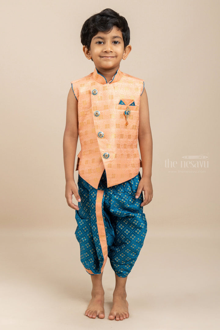 The Nesavu Boys Dothi Set Salmon Sleeveless Ethnic Jacket and Bhandini Printed Yellow Panchakacham Set for Boys Nesavu 12 (3M) / Orange BES90D-12 Kids Festive Wear Kurta Dresses Online | Party Wear Ethnics For Boys | The Nesavu