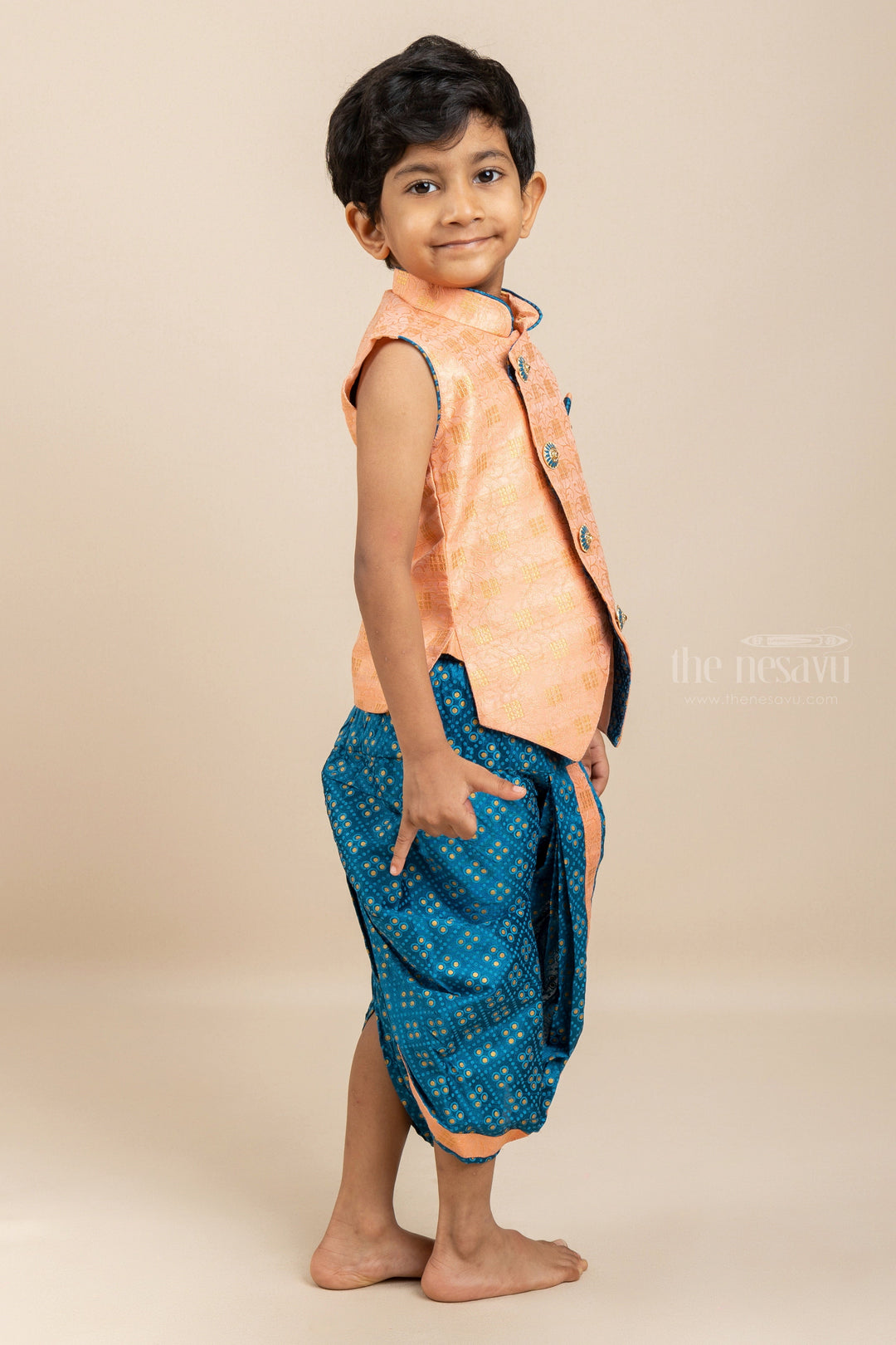 The Nesavu Boys Dothi Set Salmon Sleeveless Ethnic Jacket and Bhandini Printed Yellow Panchakacham Set for Boys Nesavu Kids Festive Wear Kurta Dresses Online | Party Wear Ethnics For Boys | The Nesavu
