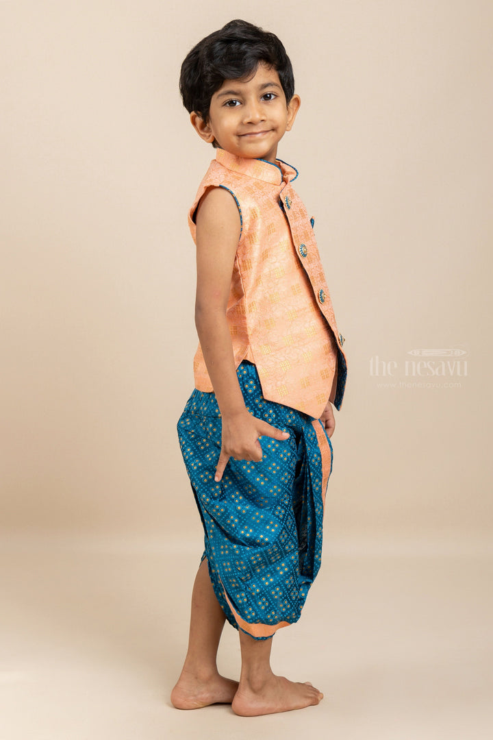 The Nesavu Boys Dothi Set Salmon Sleeveless Ethnic Jacket and Bhandini Printed Yellow Panchakacham Set for Boys Nesavu Kids Festive Wear Kurta Dresses Online | Party Wear Ethnics For Boys | The Nesavu