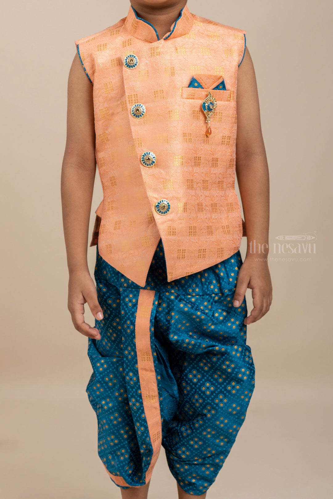 The Nesavu Boys Dothi Set Salmon Sleeveless Ethnic Jacket and Bhandini Printed Yellow Panchakacham Set for Boys Nesavu Kids Festive Wear Kurta Dresses Online | Party Wear Ethnics For Boys | The Nesavu