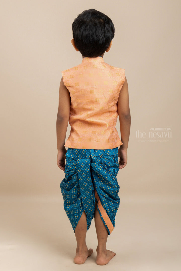 The Nesavu Boys Dothi Set Salmon Sleeveless Ethnic Jacket and Bhandini Printed Yellow Panchakacham Set for Boys Nesavu Kids Festive Wear Kurta Dresses Online | Party Wear Ethnics For Boys | The Nesavu