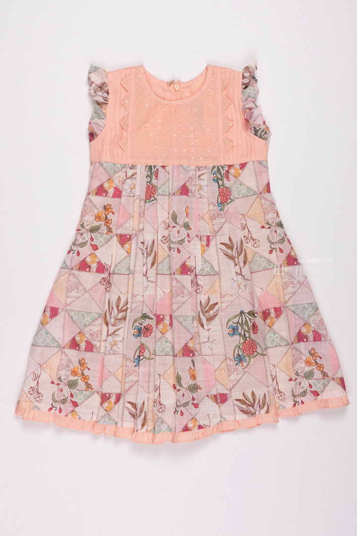 The Nesavu Girls Cotton Frock Salmon Sunset: Knief Pleated Salmon Cotton Frock with Geometric Print Nesavu 22 (4Y) / Salmon / Cotton GFC1146B-22 Designer Baby Frocks: Elegant Cotton & Crochet Dresses for Girls | The Nesavu