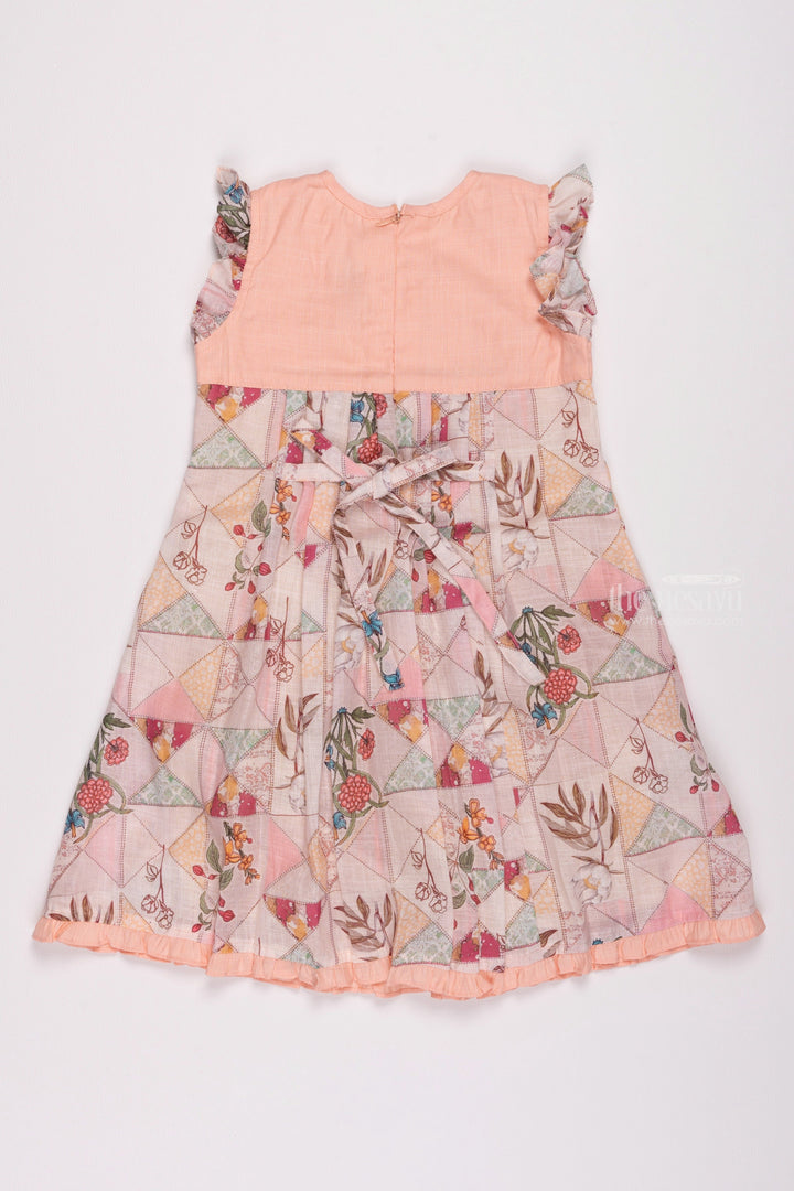 The Nesavu Girls Cotton Frock Salmon Sunset: Knief Pleated Salmon Cotton Frock with Geometric Print Nesavu Designer Baby Frocks: Elegant Cotton & Crochet Dresses for Girls | The Nesavu