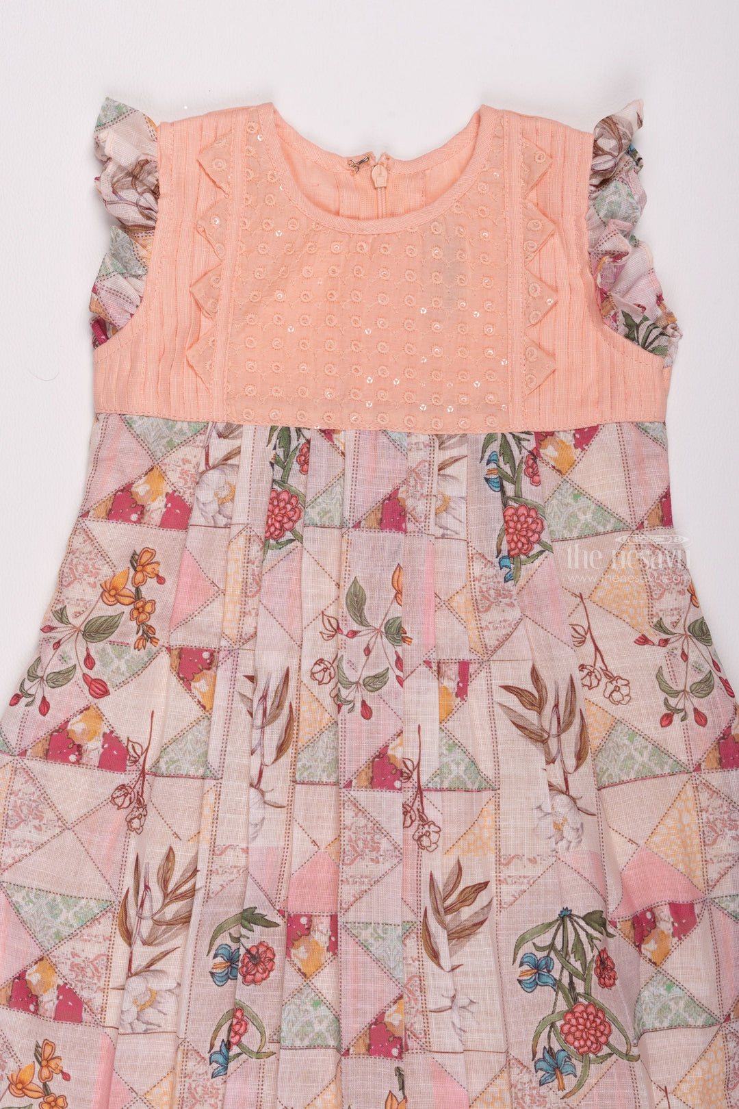 The Nesavu Girls Cotton Frock Salmon Sunset: Knief Pleated Salmon Cotton Frock with Geometric Print Nesavu Designer Baby Frocks: Elegant Cotton & Crochet Dresses for Girls | The Nesavu