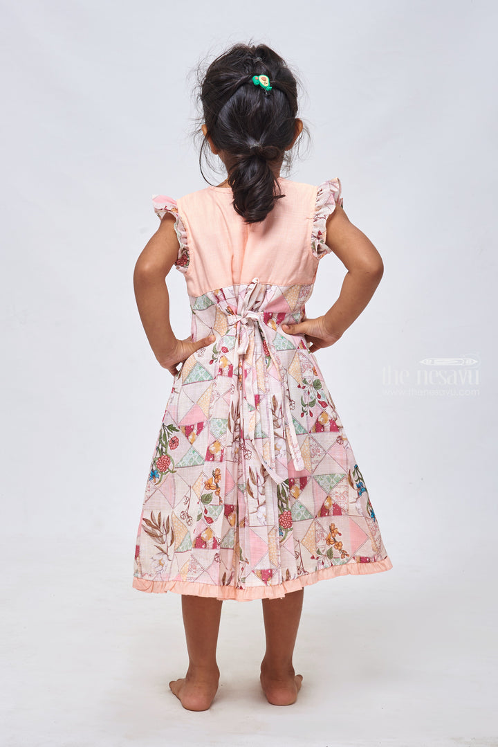The Nesavu Girls Cotton Frock Salmon Sunset: Knief Pleated Salmon Cotton Frock with Geometric Print Nesavu Designer Baby Frocks: Elegant Cotton & Crochet Dresses for Girls | The Nesavu