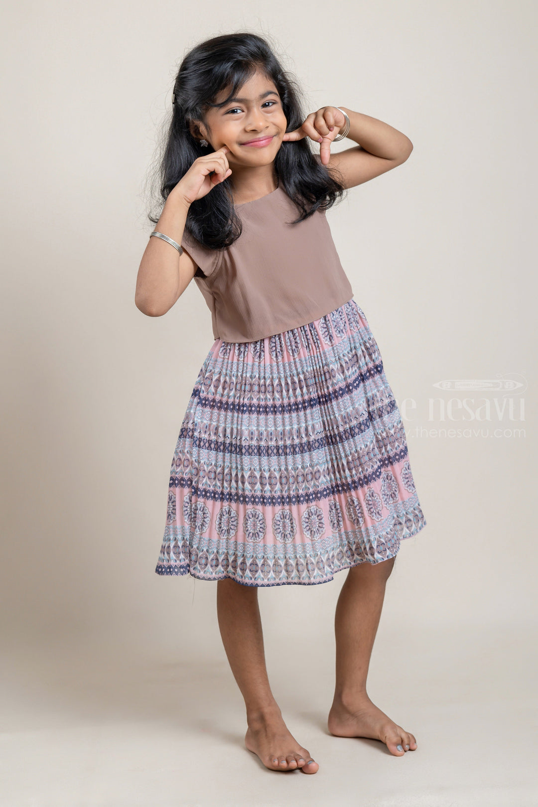 The Nesavu Girls Fancy Frock Salmon Tiny Pleated Gorgette Brown Frock with Geometrical Stripe Print and Attached Jacket For Girls Nesavu 16 (1Y) / Brown / Chiffon GFC1096B-16 Salmon Tiny Pleated Gorgette Frock with Geometrical Stripe Print and Attached Jacket | Girls' Fashion | The Nesavu