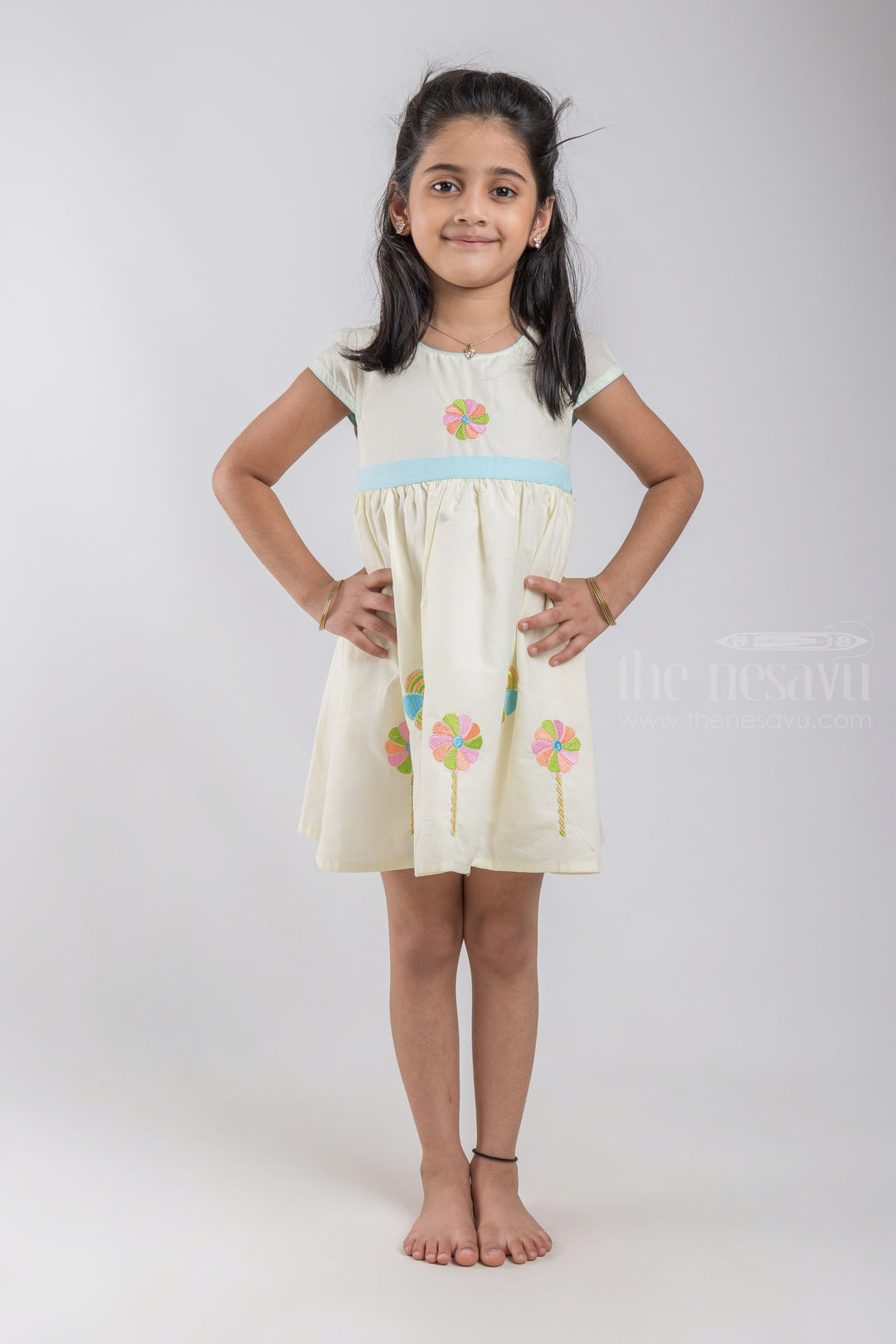 The Nesavu Girls Cotton Frock Sandal Embroidery Soft Cotton Frock For Girls With Sky-blue Trims psr silks Nesavu 20 (3Y) / Yellow / Cotton GFC643