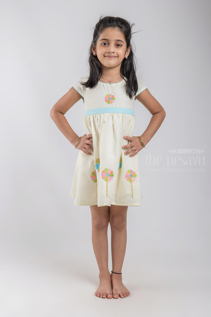 The Nesavu Girls Cotton Frock Sandal Embroidery Soft Cotton Frock For Girls With Sky-blue Trims psr silks Nesavu 20 (3Y) / Yellow / Cotton GFC643