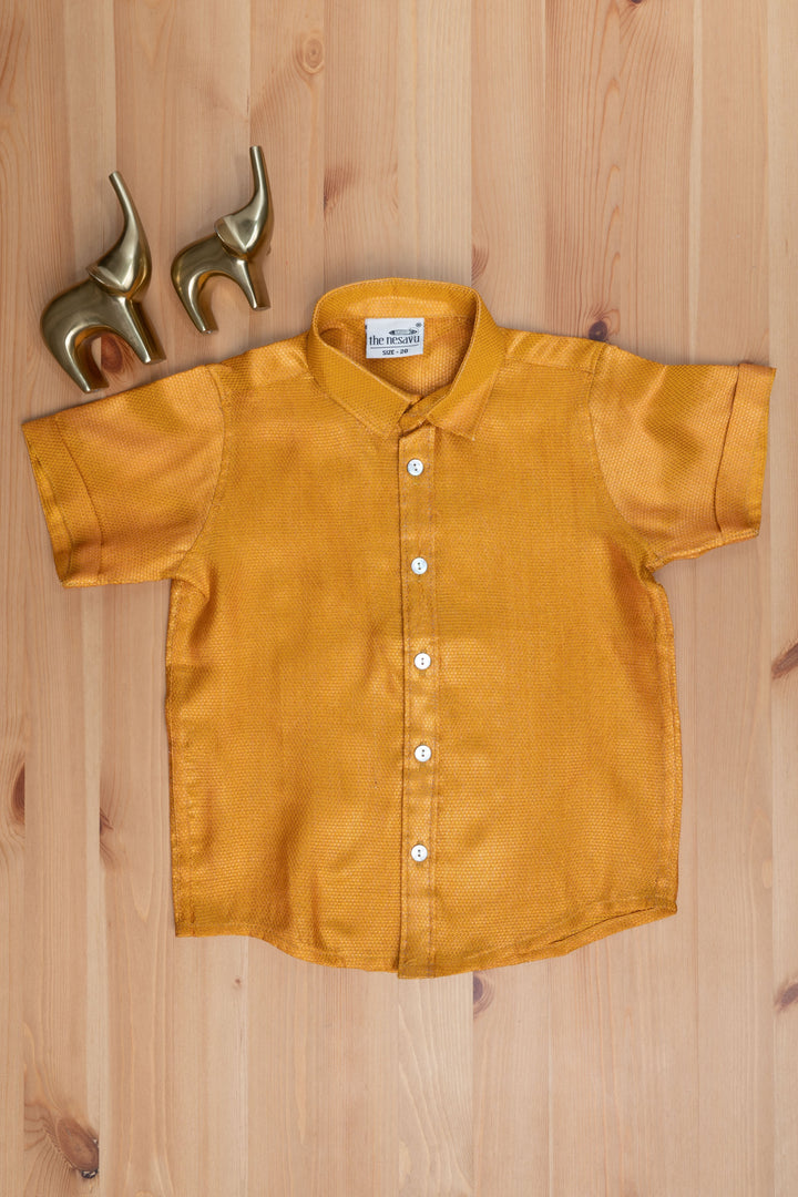 The Nesavu Boys Silk Shirt Sandal Serenity Zari Jacquard Boys Pattu Shirt Nesavu 14 (6M) / Yellow / Silk BS027-14 "Dress Your Little One in The Nesavu's Affordable Mini Maharaja Collection"