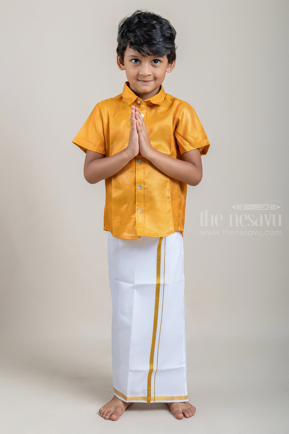 The Nesavu Boys Shirts Sandal Serenity Zari Jacquard Boys Pattu Shirt psr silks Nesavu 14 (6M) / Yellow BS028