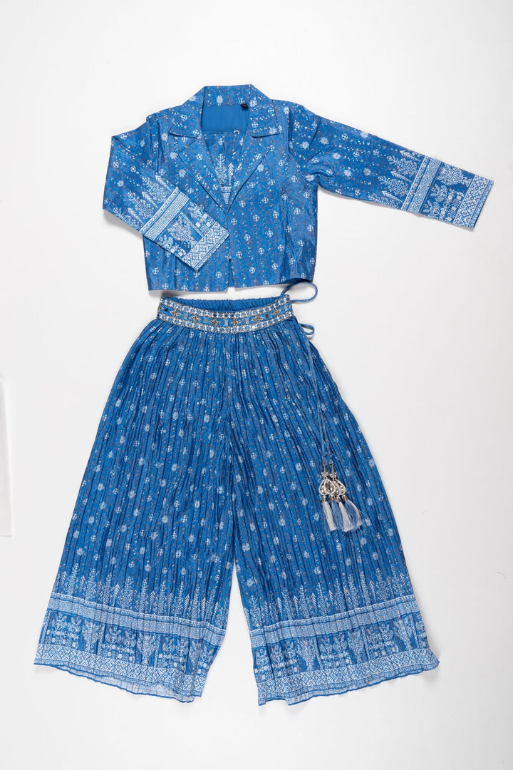 The Nesavu Girls Sharara / Plazo Set Sapphire Breeze: Chic Blue Crop Top, Overcoat, and Palazzo Set for Trendsetters Nesavu 24 (5Y) / Blue / Chinnon GPS297A-24 Buy Stylish Blue Crop Top with Palazzo Set | Fusion of Comfort and Elegance | The Nesavu