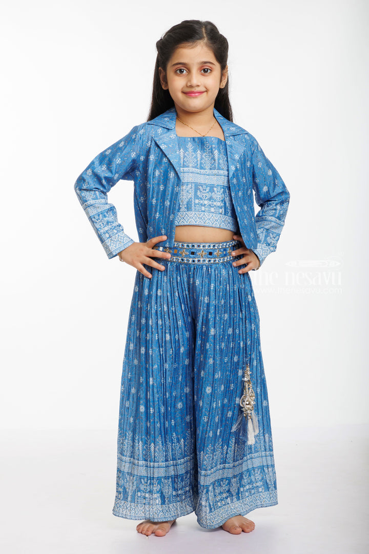 The Nesavu Girls Sharara / Plazo Set Sapphire Breeze: Chic Blue Crop Top, Overcoat, and Palazzo Set for Trendsetters Nesavu 24 (5Y) / Blue / Chinnon GPS297A-24 Buy Stylish Blue Crop Top with Palazzo Set | Fusion of Comfort and Elegance | The Nesavu