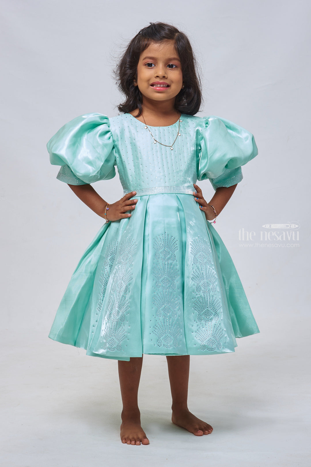 The Nesavu Girls Fancy Party Frock Sapphire Elegance: Sparkling Stone-Worked Box Pleated Organza Party Frock Nesavu 12 (3M) / Blue / Silk Blend PF144B-12 Beautiful Baby Girl Party Frock | Exclusive Dresses for Young Girls | The Nesavu