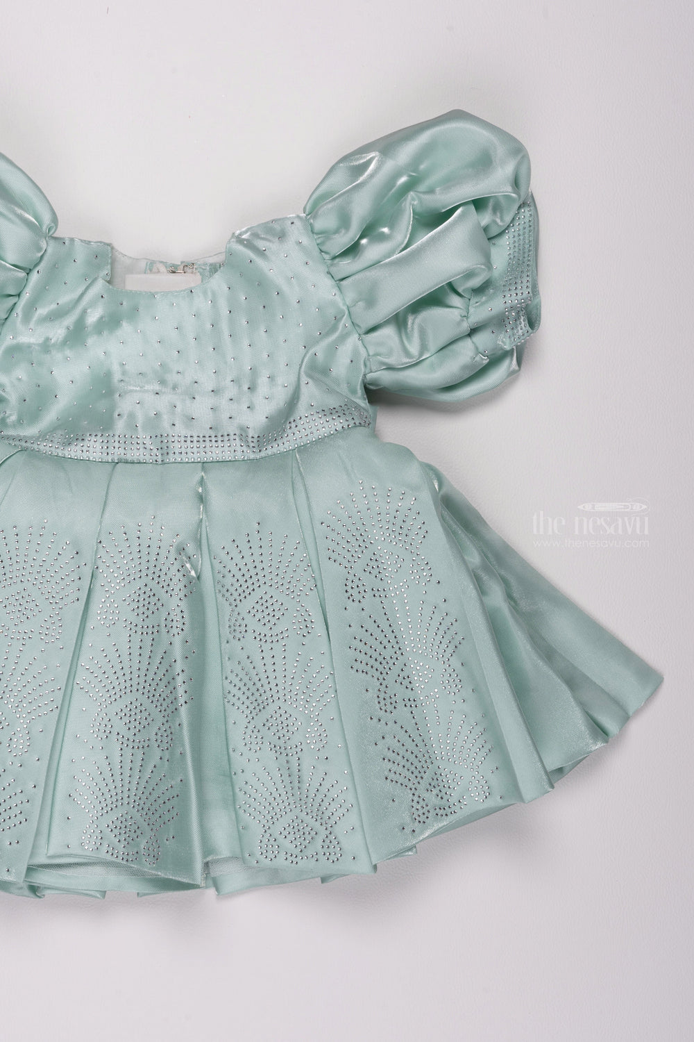The Nesavu Girls Fancy Party Frock Sapphire Elegance: Sparkling Stone-Worked Box Pleated Organza Party Frock Nesavu Beautiful Baby Girl Party Frock | Exclusive Dresses for Young Girls | The Nesavu