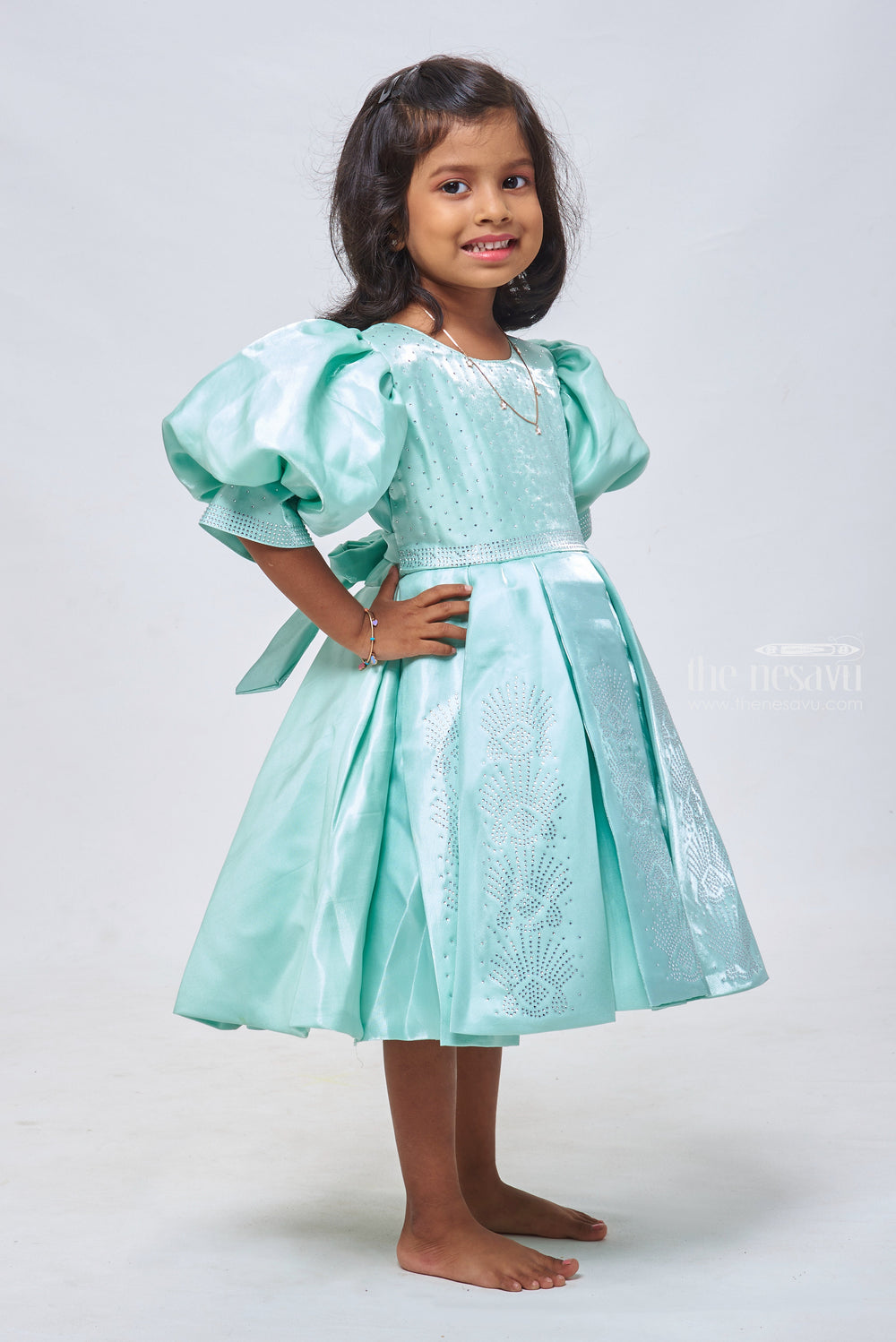 The Nesavu Girls Fancy Party Frock Sapphire Elegance: Sparkling Stone-Worked Box Pleated Organza Party Frock Nesavu Beautiful Baby Girl Party Frock | Exclusive Dresses for Young Girls | The Nesavu