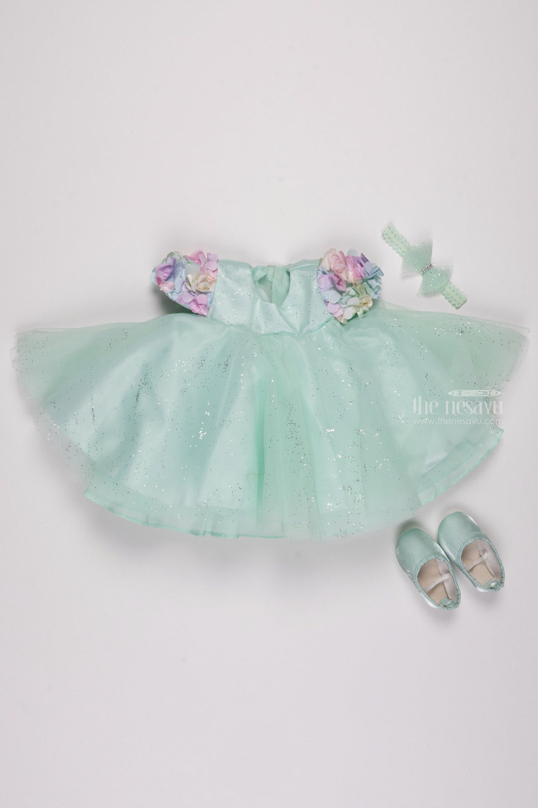 The Nesavu Girls Tutu Frock Sapphire Shimmer: Girls' Glittering Net Party Dress with Elegant Floral Cutwork Nesavu Shop Boutique Birthday Outfits: Stylish & Elegant Baby Girl Frocks | The Nesavu