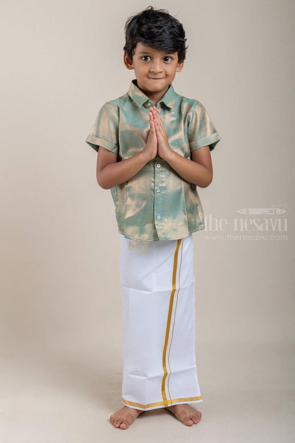 The Nesavu Boys Shirts Sapphire Splendor Boys Zari Jacquard Pattu Shirt psr silks Nesavu 14 (6M) / Green BS021