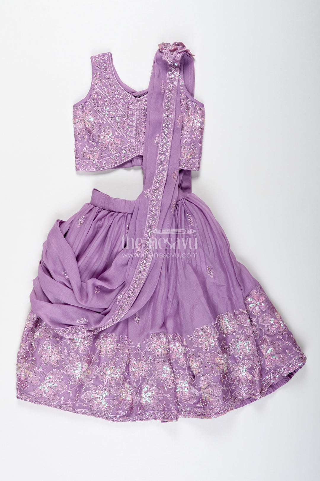 The Nesavu Girls Lehenga Choli Saree Style Lehenga for Girls Wedding and Partywear Set Nesavu Nesavu Lavender Girls Saree Style Lehenga Designer Embroidery Weddings Festive Celebrations