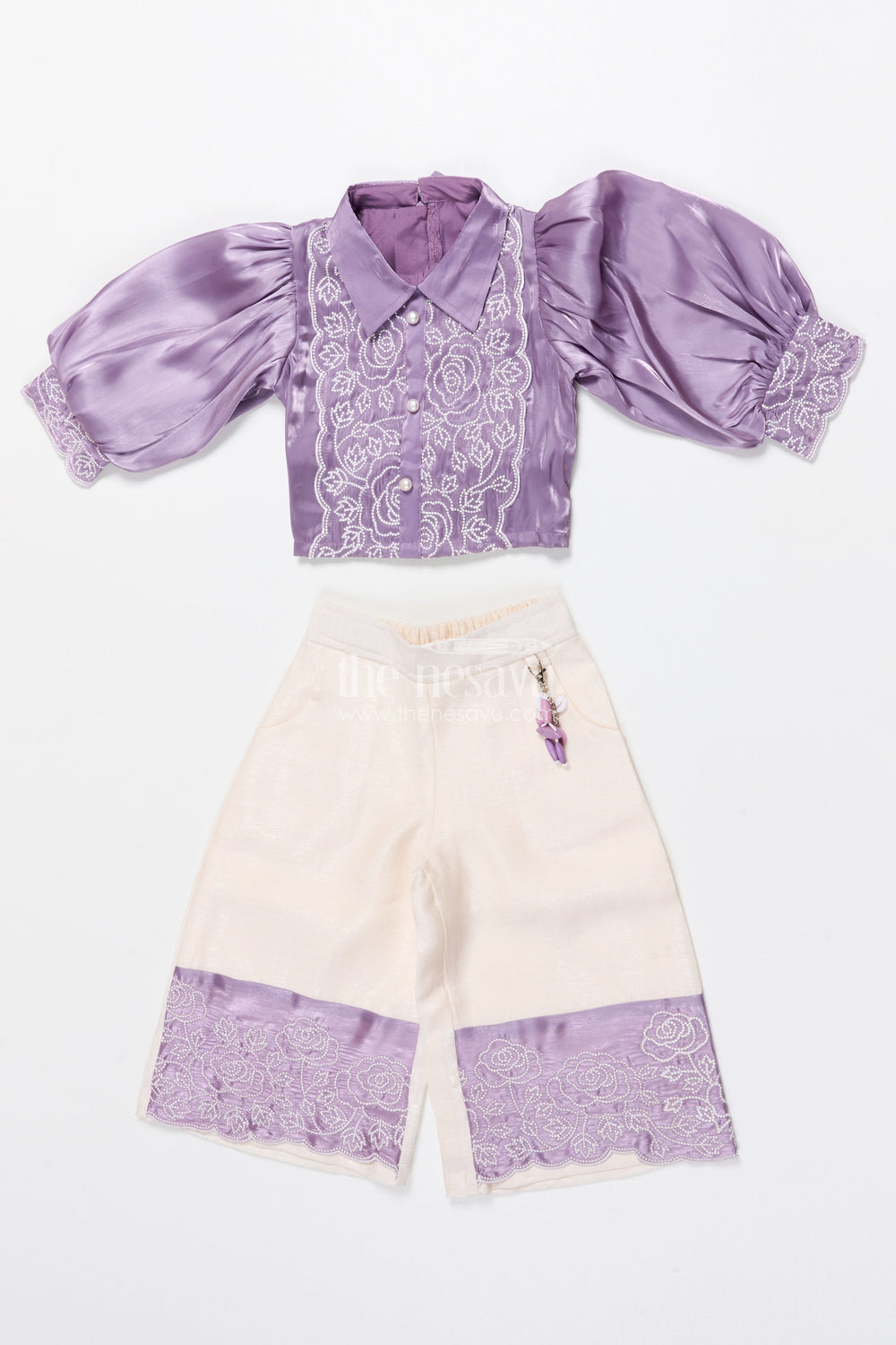 The Nesavu Girls Co-Ord Sets Satin Co-ord Party Set for Girls with Festive Embroidery Nesavu 18 (2Y) / Purple GPS722B-18 Nesavu satin co-ord set for girls with puff sleeves and embroidery  partywear for festive events