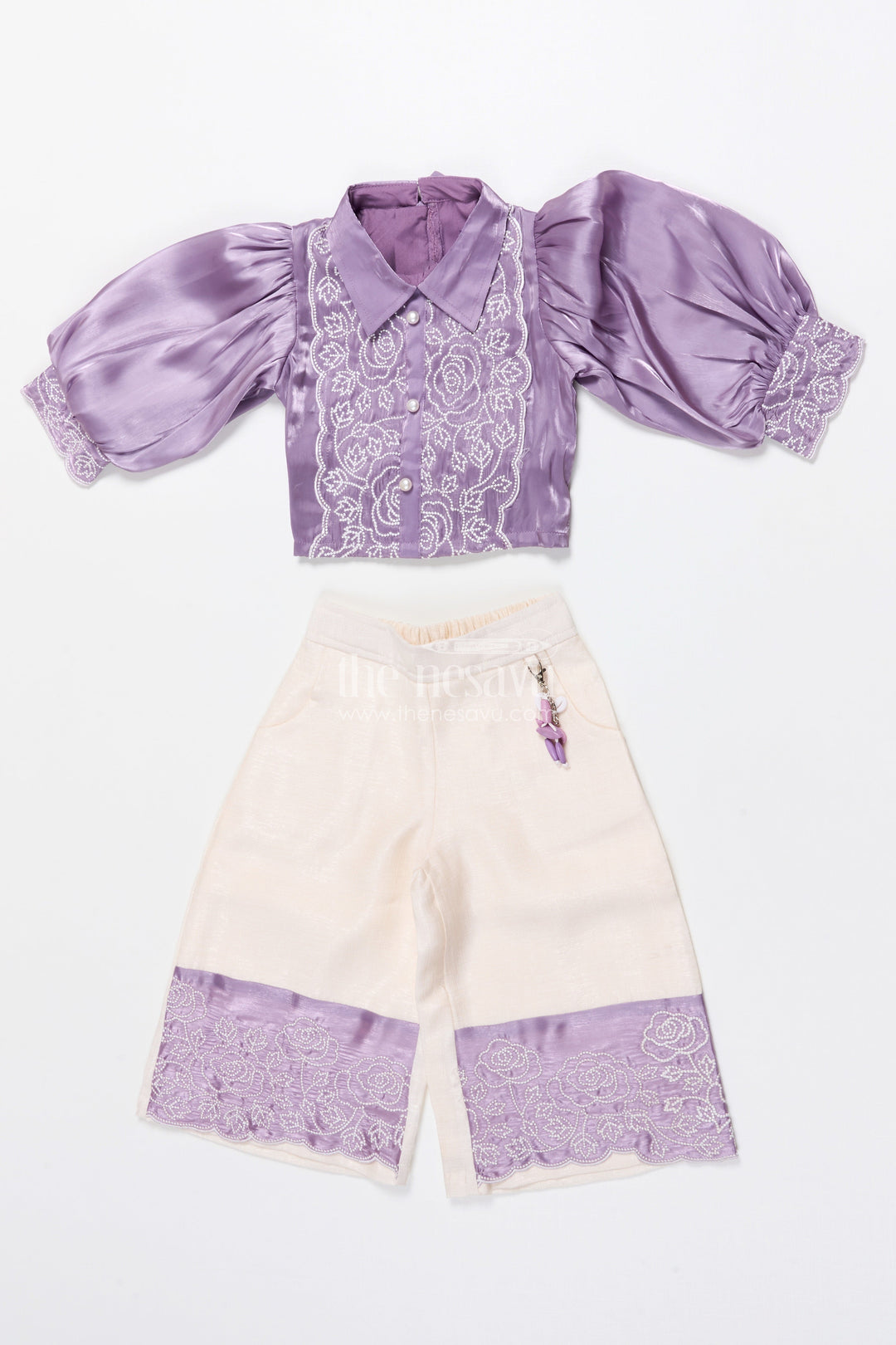 The Nesavu Girls Co-Ord Sets Satin Co-ord Party Set for Girls with Festive Embroidery Nesavu 18 (2Y) / Purple GPS722B-18 Nesavu satin co-ord set for girls with puff sleeves and embroidery  partywear for festive events