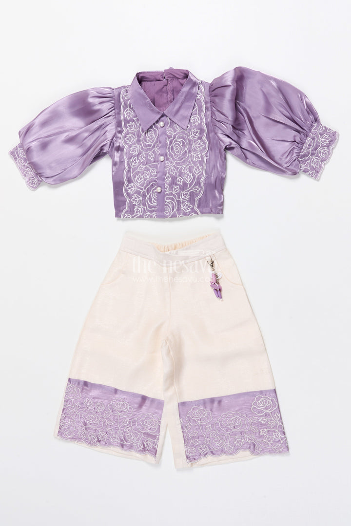 The Nesavu Girls Co-Ord Sets Satin Co-ord Party Set for Girls with Festive Embroidery Nesavu 18 (2Y) / Purple GPS722B-18 Nesavu satin co-ord set for girls with puff sleeves and embroidery  partywear for festive events