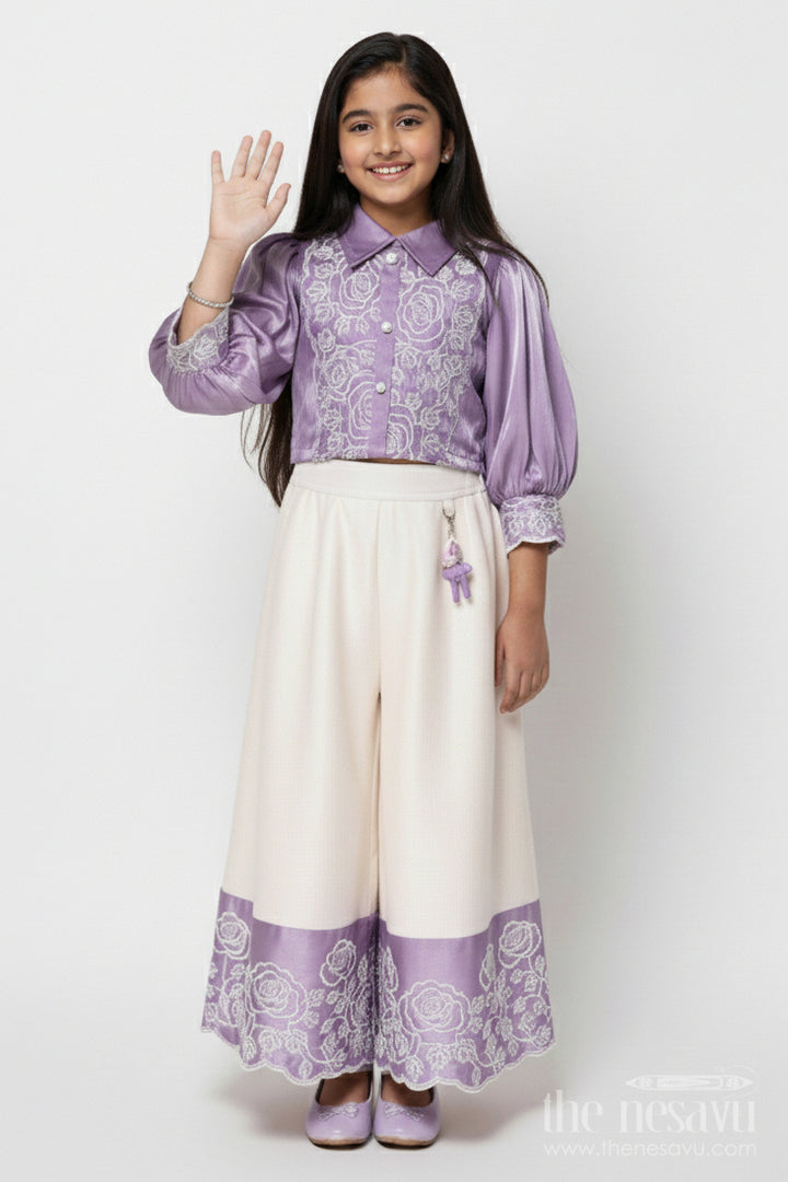 The Nesavu Girls Co-Ord Sets Satin Co-ord Party Set for Girls with Festive Embroidery Nesavu 18 (2Y) / Purple GPS722B-18 Nesavu satin co-ord set for girls with puff sleeves and embroidery  partywear for festive events