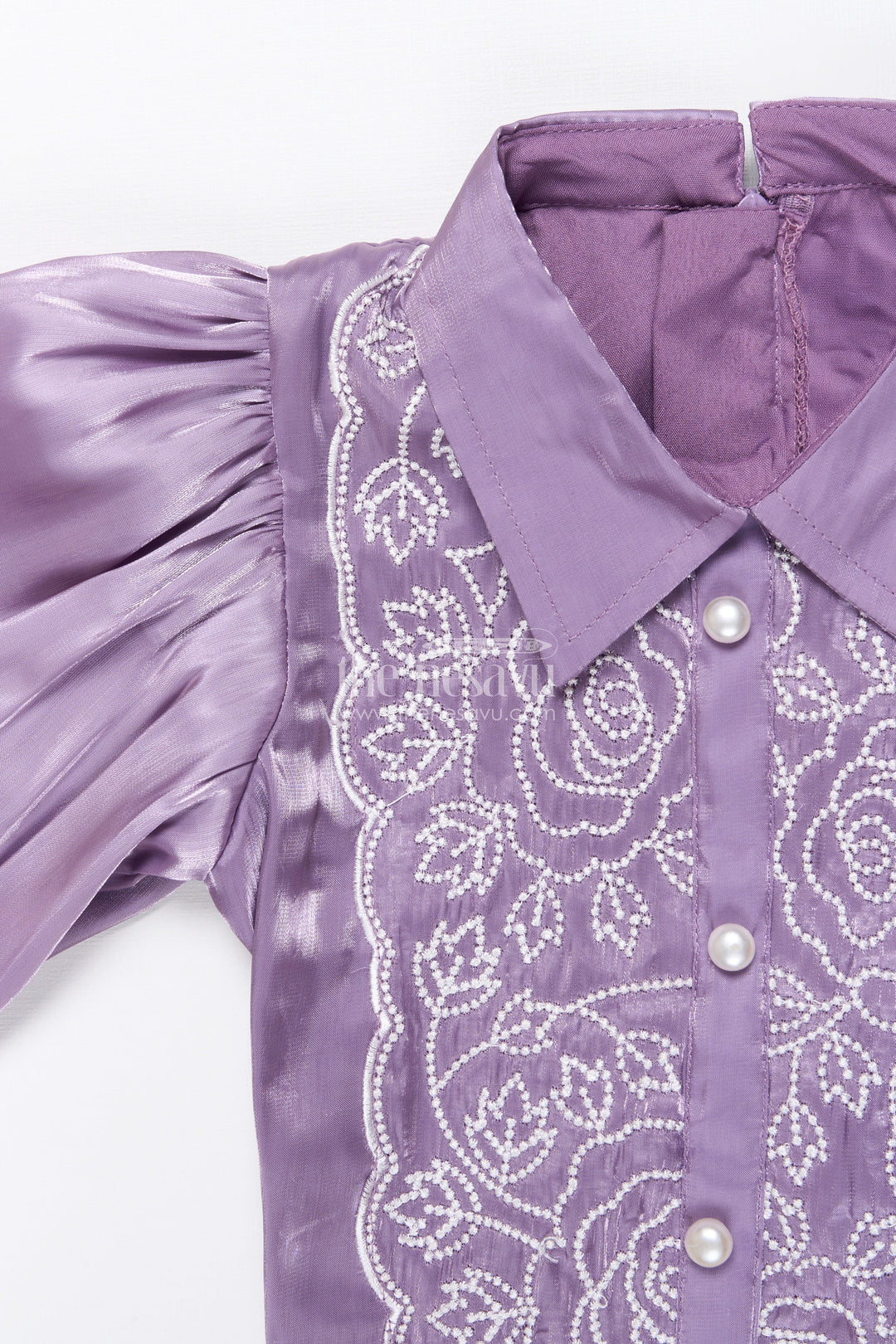 The Nesavu Girls Co-Ord Sets Satin Co-ord Party Set for Girls with Festive Embroidery Nesavu Nesavu satin co-ord set for girls with puff sleeves and embroidery  partywear for festive events