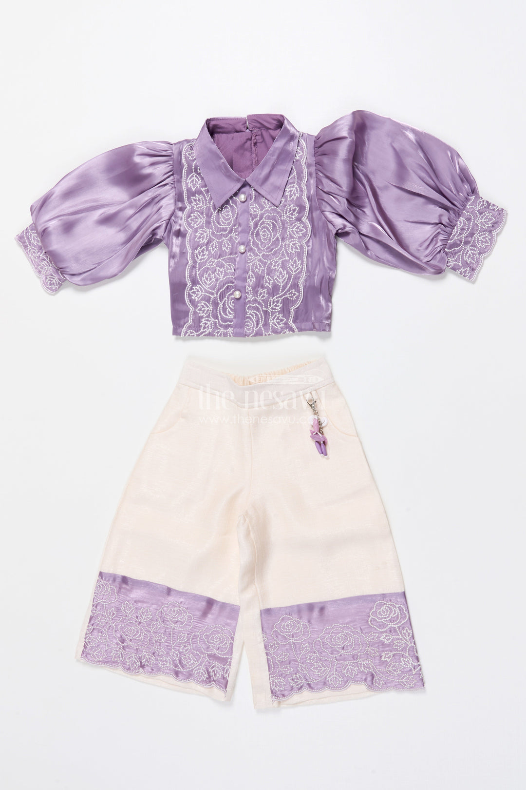 The Nesavu Girls Co-Ord Sets Satin Co-ord Party Set for Girls with Festive Embroidery Nesavu Nesavu satin co-ord set for girls with puff sleeves and embroidery  partywear for festive events