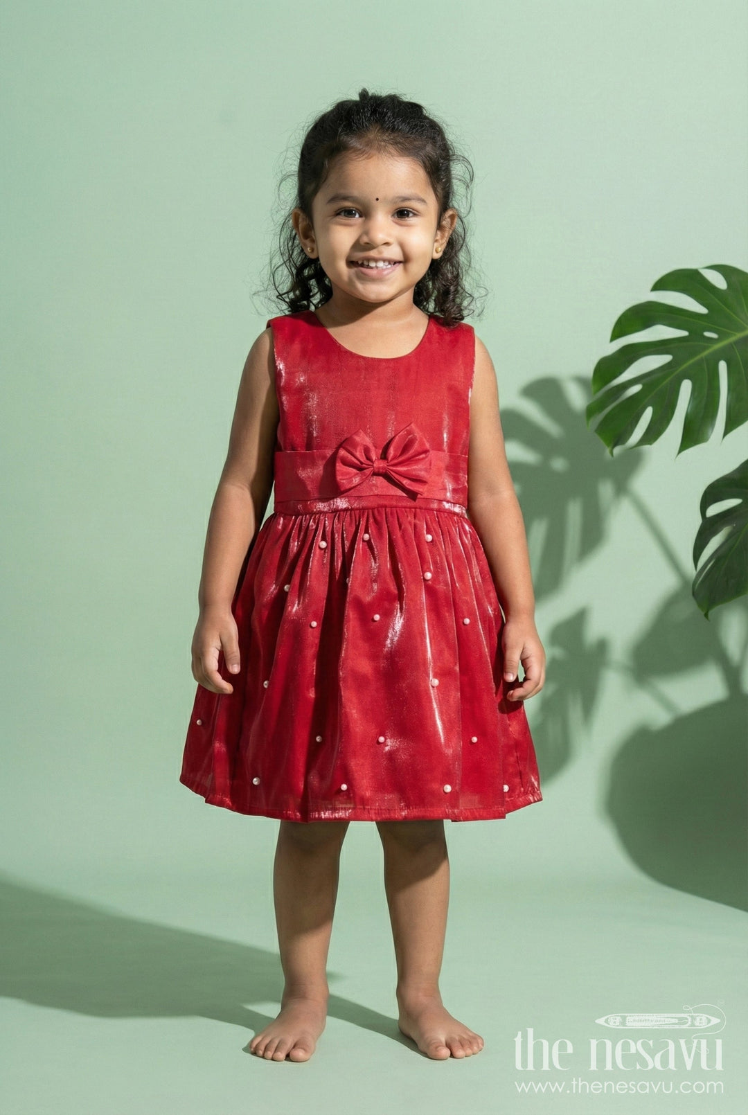 The Nesavu Girls Fancy Frock Satin Fancy Frock for Girls for Birthdays and Festive Evening Parties Nesavu 20 (3Y) / Red GFC2004A-20 Nesavu satin party frock girls bow detail birthdays celebrations evening wear