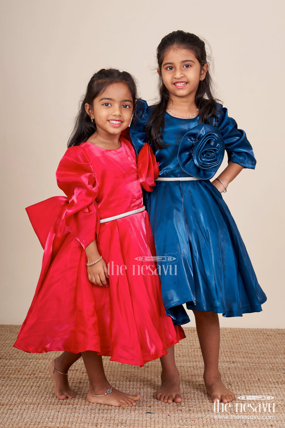 The Nesavu Girls Fancy Party Frock Satin Girls Party Frock with Stone Embellished Belt and Matching Bow Nesavu Nesavu satin girls birthday party frock embellished belt bow