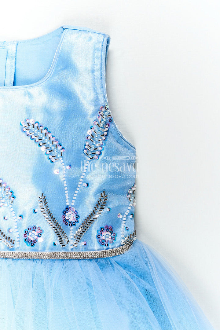 The Nesavu Girls Party Gown Satin party gown for girls with embroidered yoke and layered net skirt Nesavu Nesavu blue satin party gown for girls with net flare and bead embroidery
