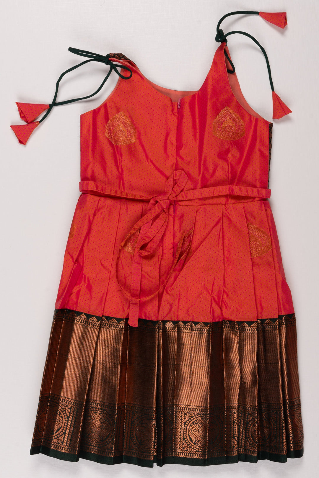 The Nesavu Tie Up Frock Scarlet Elegance Silk Frock with Chocolate Zari Weave and Tie-Up Detail Nesavu Scarlet Silk Frock for Girls with Chocolate Zari Hem | Bold and Traditional | The Nesavu