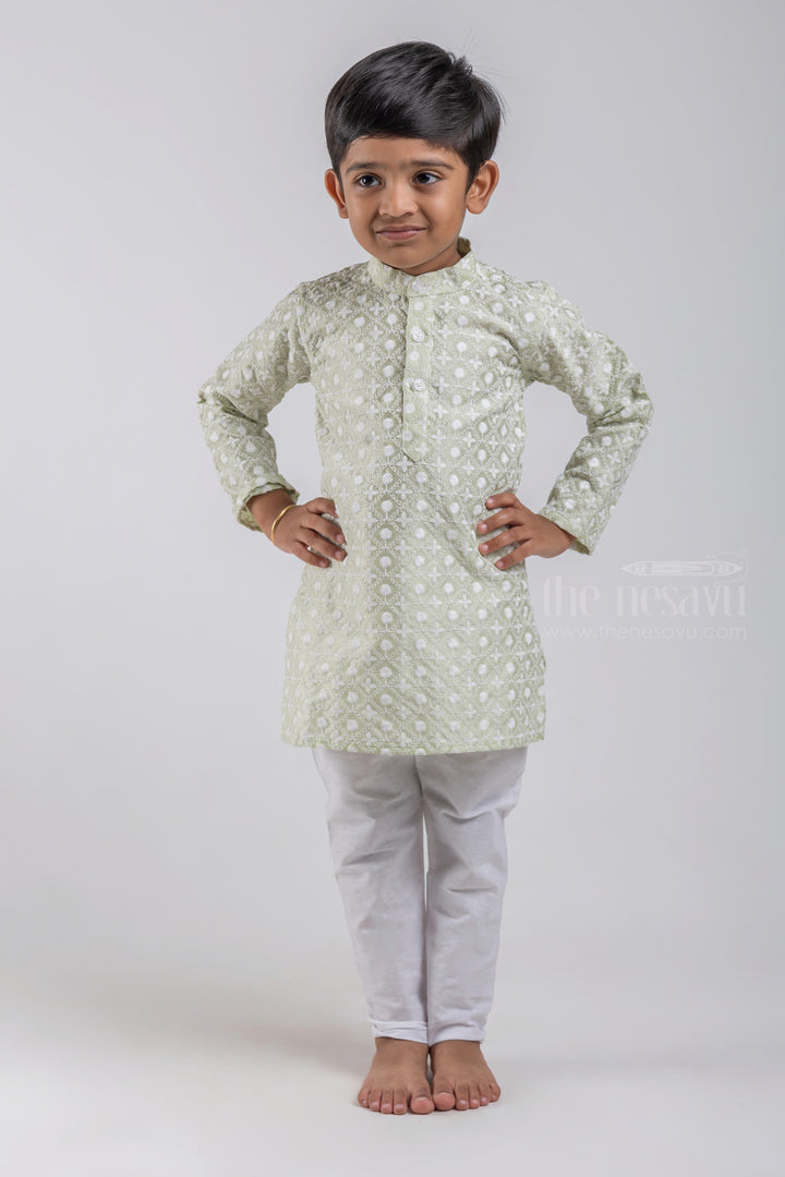 The Nesavu Boys Kurtha Set Sea Green Embroidered Kurta And Adjustable White Pants For Baby Boys psr silks Nesavu 16 (1Y) / Green / Silk Blend BES253C